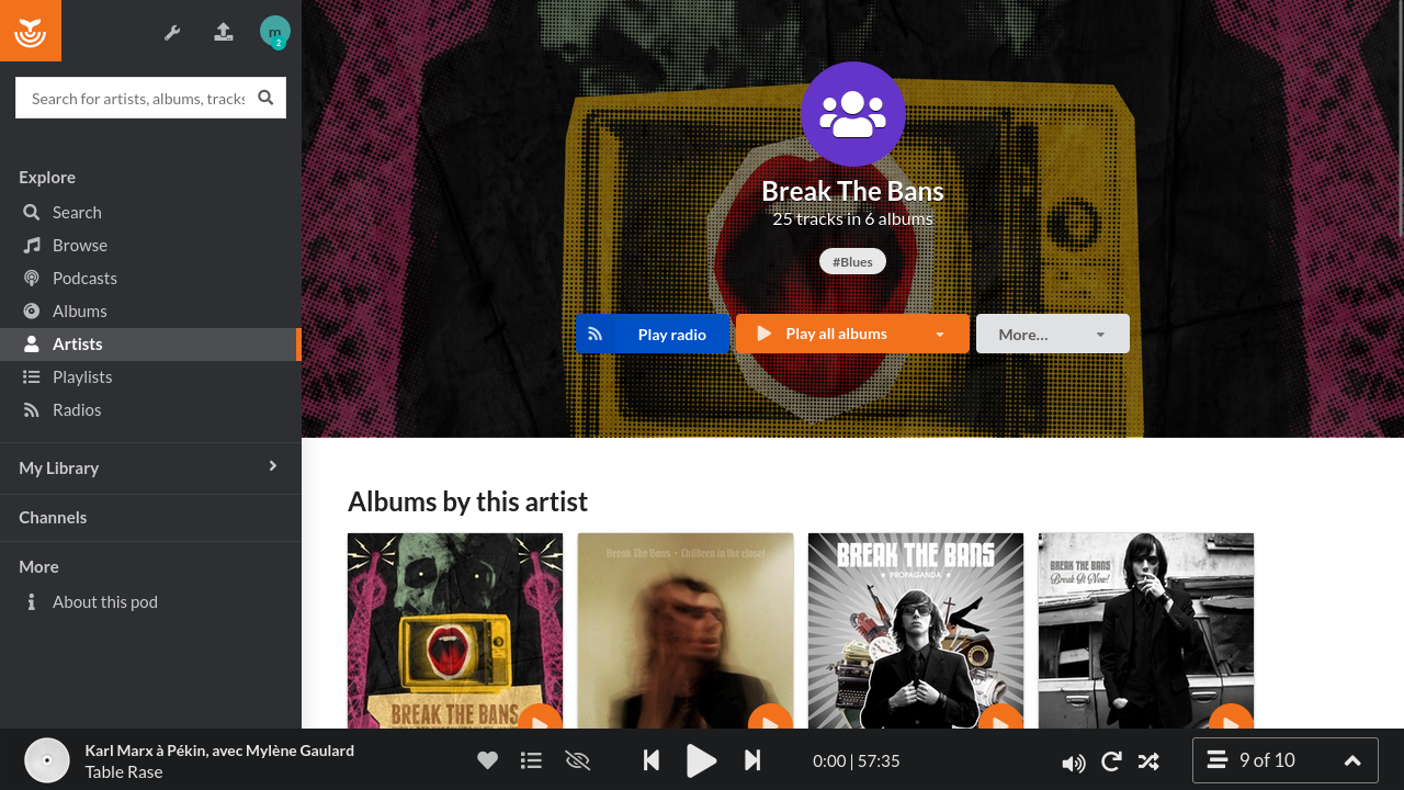A screenshot of the Funkwhale web interface displaying an artist page with a list of albums and controls for playing the artist's content. The bottom of the screen shows an audio player bar.