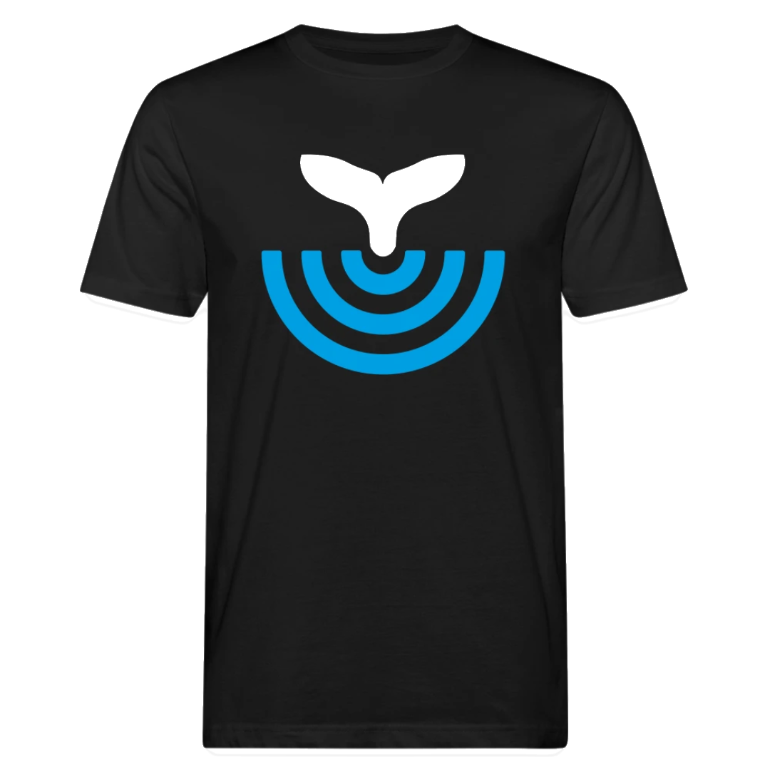 A black T-shirt emblazoned with the Funkwhale icon. The icon is made up of three blue semicircles with a white whale tail at the top.
